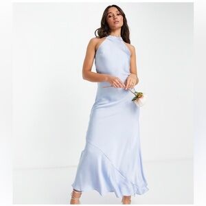 Vila Bridesmaid Maxi Halterneck Dress large size 10 blue satin semi formal